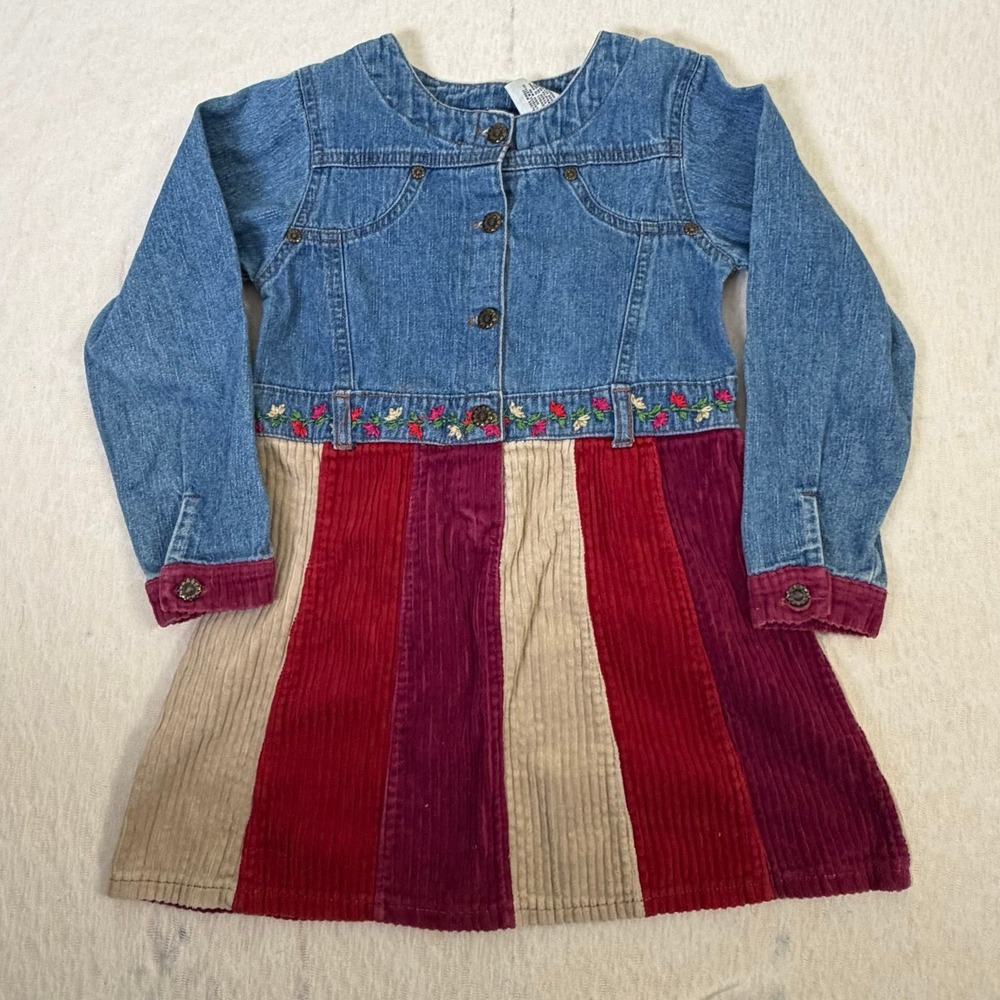Youngland Girls Denim Corduroy Dress Size 6 Floral Embroidered Fall Vintage
